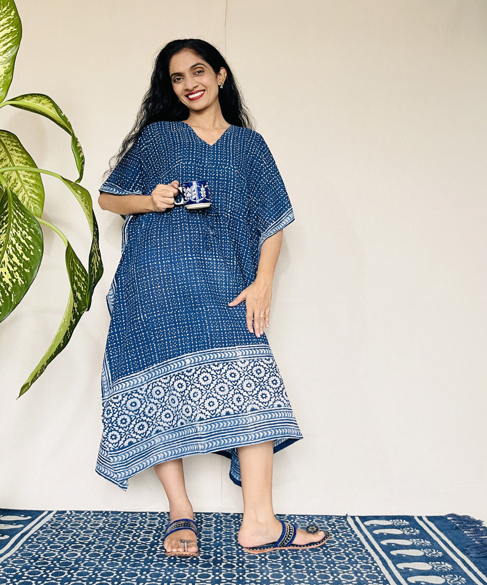 Indigo dyed hand block printed mul cotton kaftan