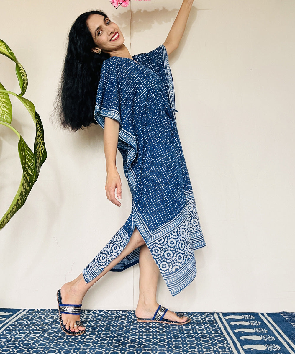 Indigo dyed hand block printed mul cotton kaftan