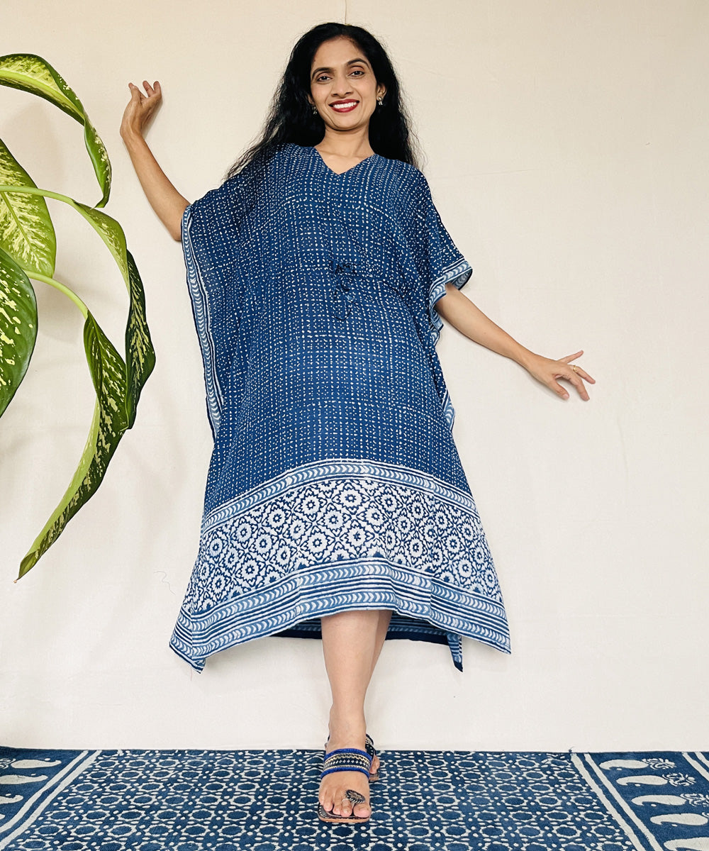 Indigo dyed hand block printed mul cotton kaftan