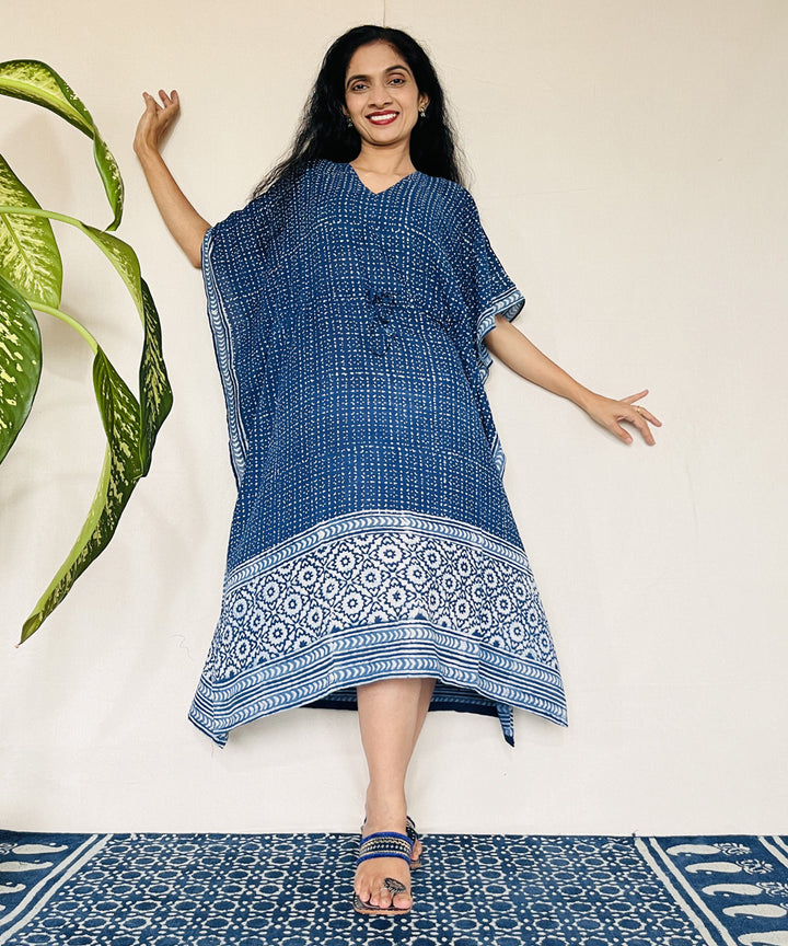 Indigo dyed hand block printed mul cotton kaftan