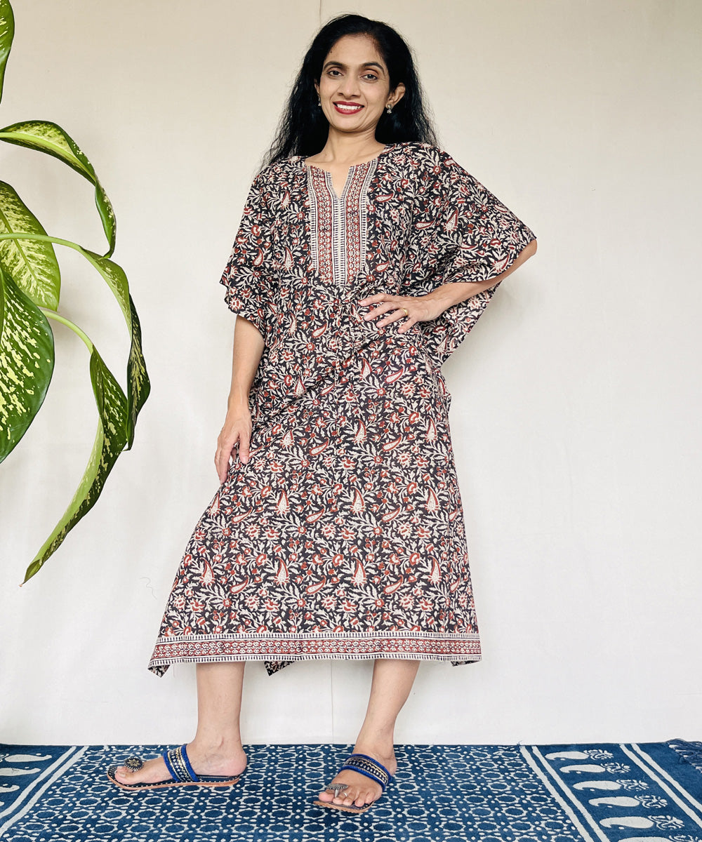 Multicolor kalamkari hand block printed mul cotton kaftan