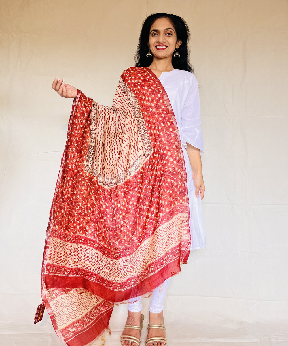 Red white hand block printed chanderi silk dupatta