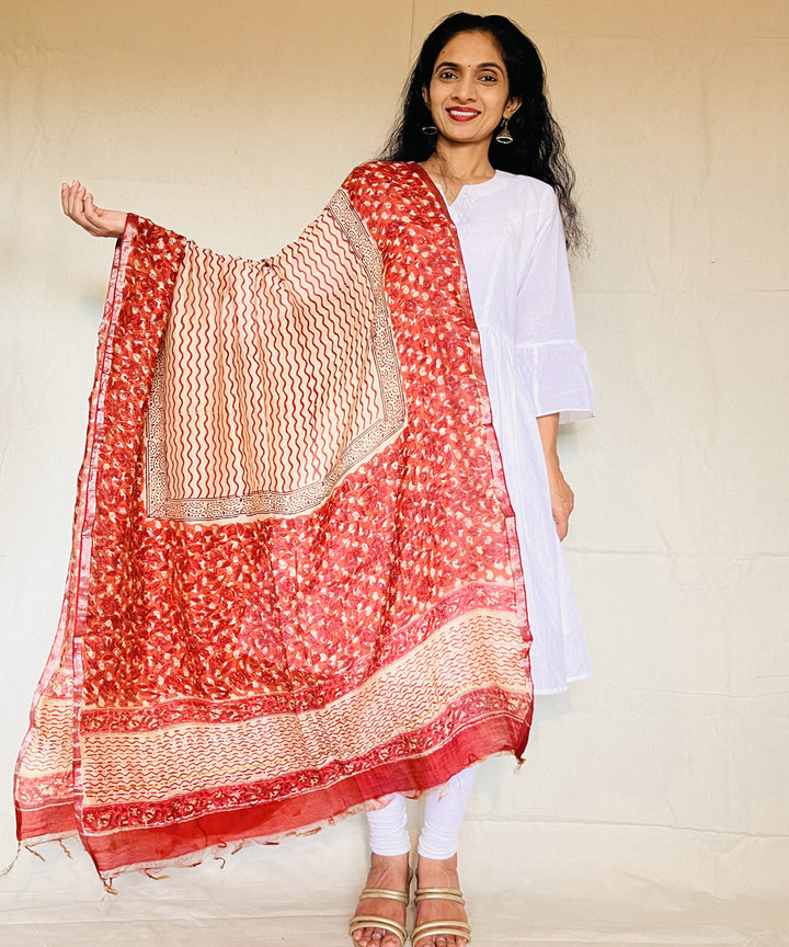 Red white hand block printed chanderi silk dupatta