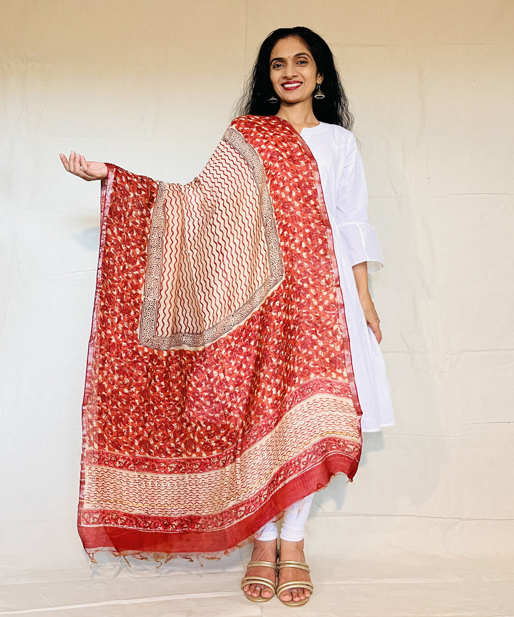 Red white hand block printed chanderi silk dupatta