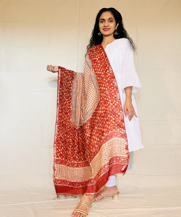 Red white hand block printed chanderi silk dupatta