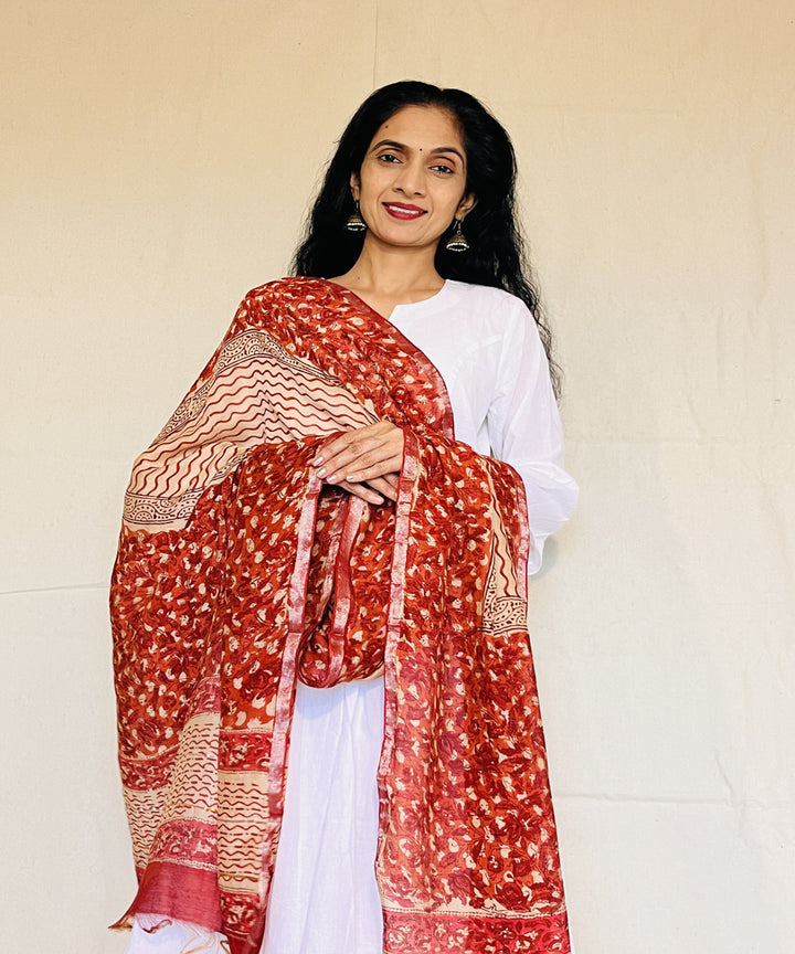 Red white hand block printed chanderi silk dupatta