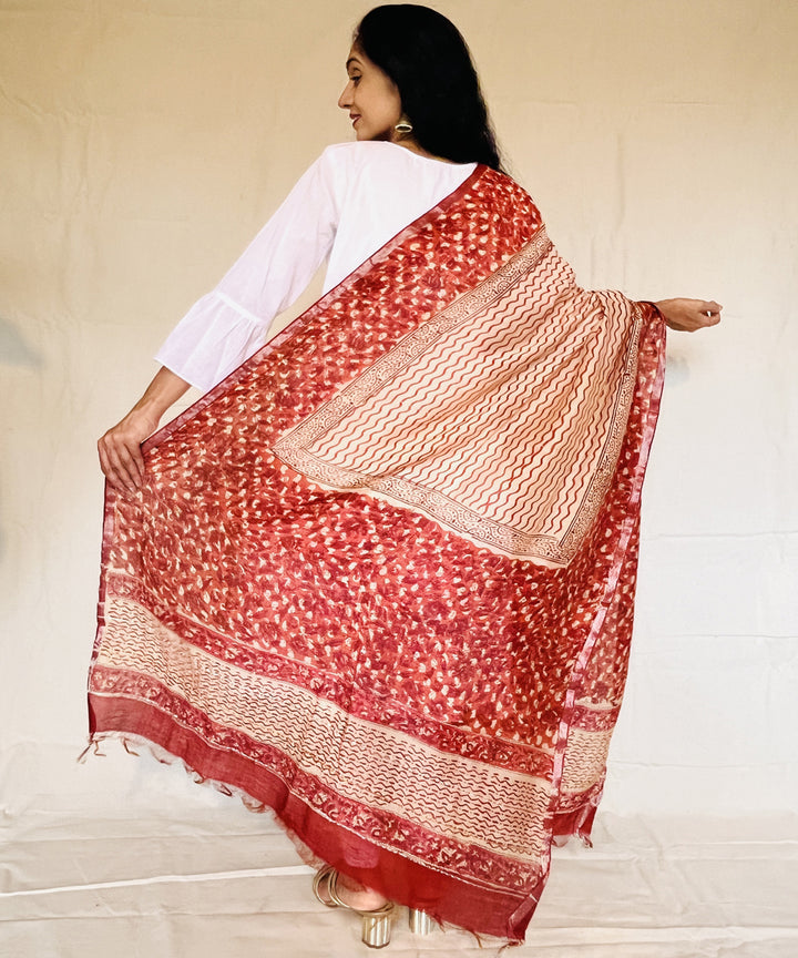Red white hand block printed chanderi silk dupatta