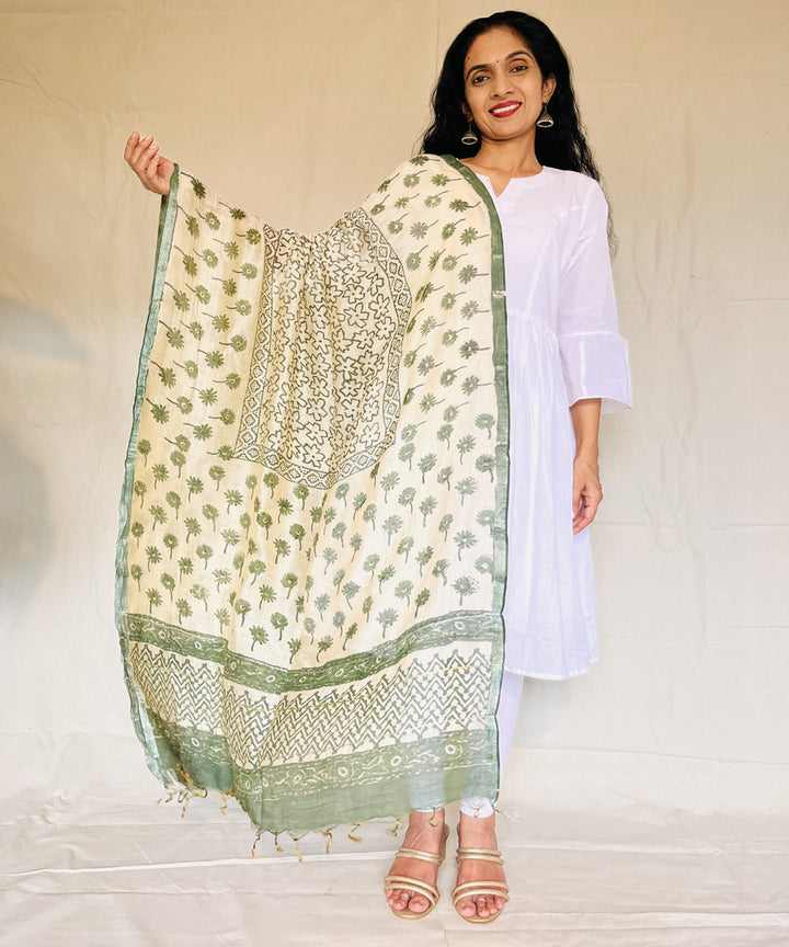 Olive green hand block printed chanderi silk dupatta