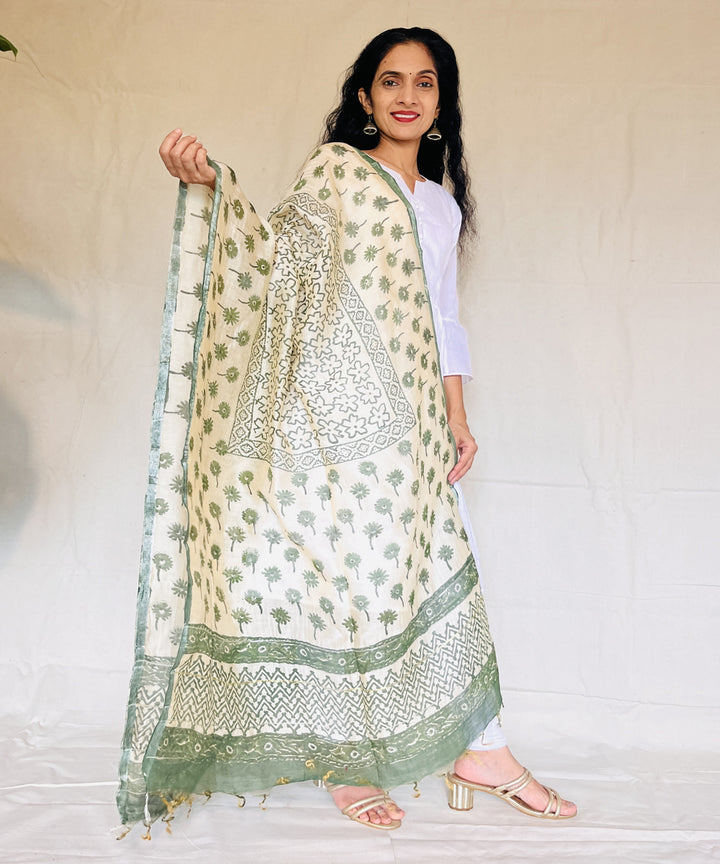 Olive green hand block printed chanderi silk dupatta