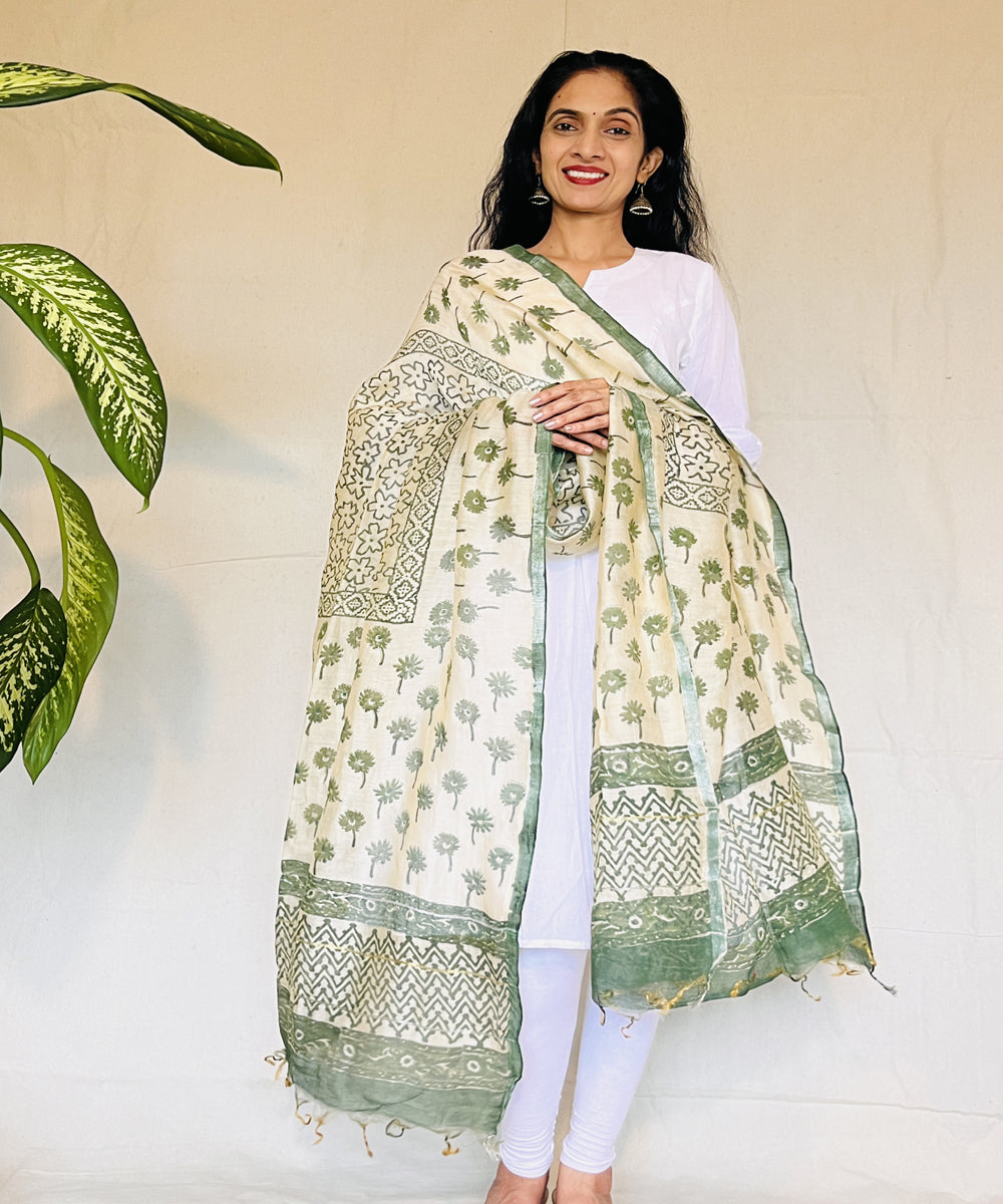 Olive green hand block printed chanderi silk dupatta