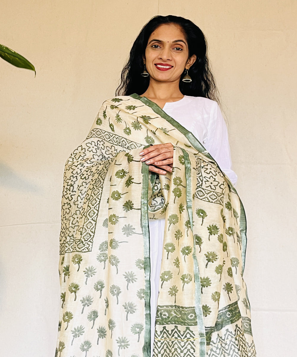 Olive green hand block printed chanderi silk dupatta
