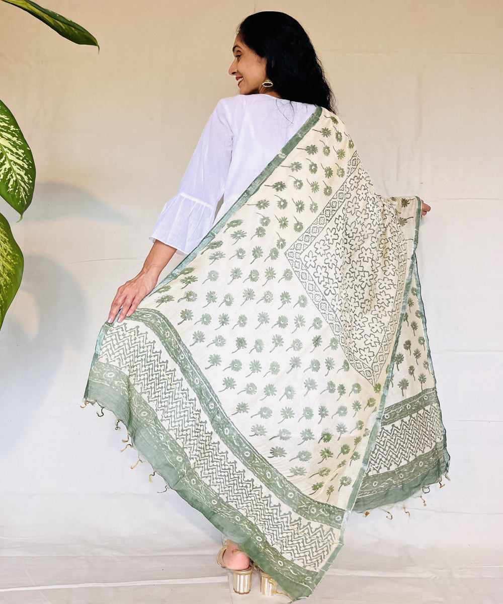 Olive green hand block printed chanderi silk dupatta