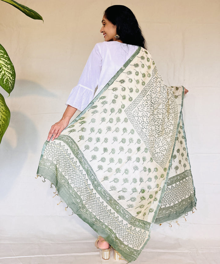 Olive green hand block printed chanderi silk dupatta
