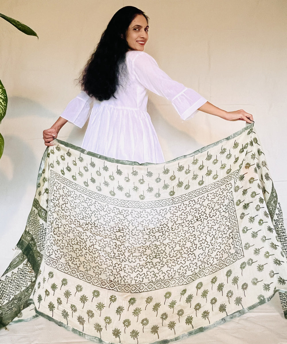 Olive green hand block printed chanderi silk dupatta