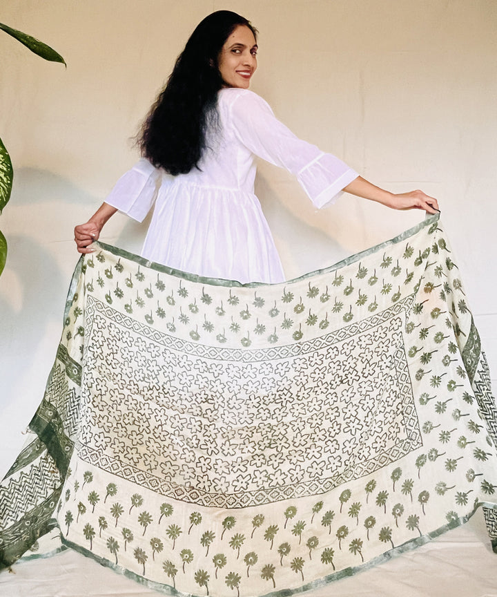 Olive green hand block printed chanderi silk dupatta