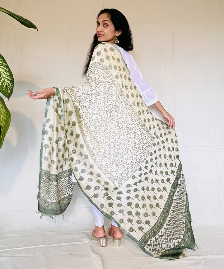 Olive green hand block printed chanderi silk dupatta