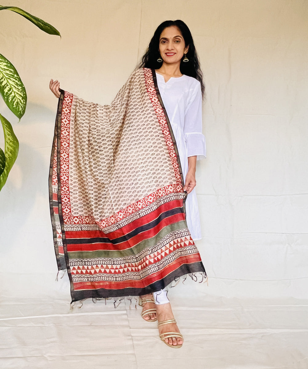 Maroon hand block printed chanderi silk dupatta