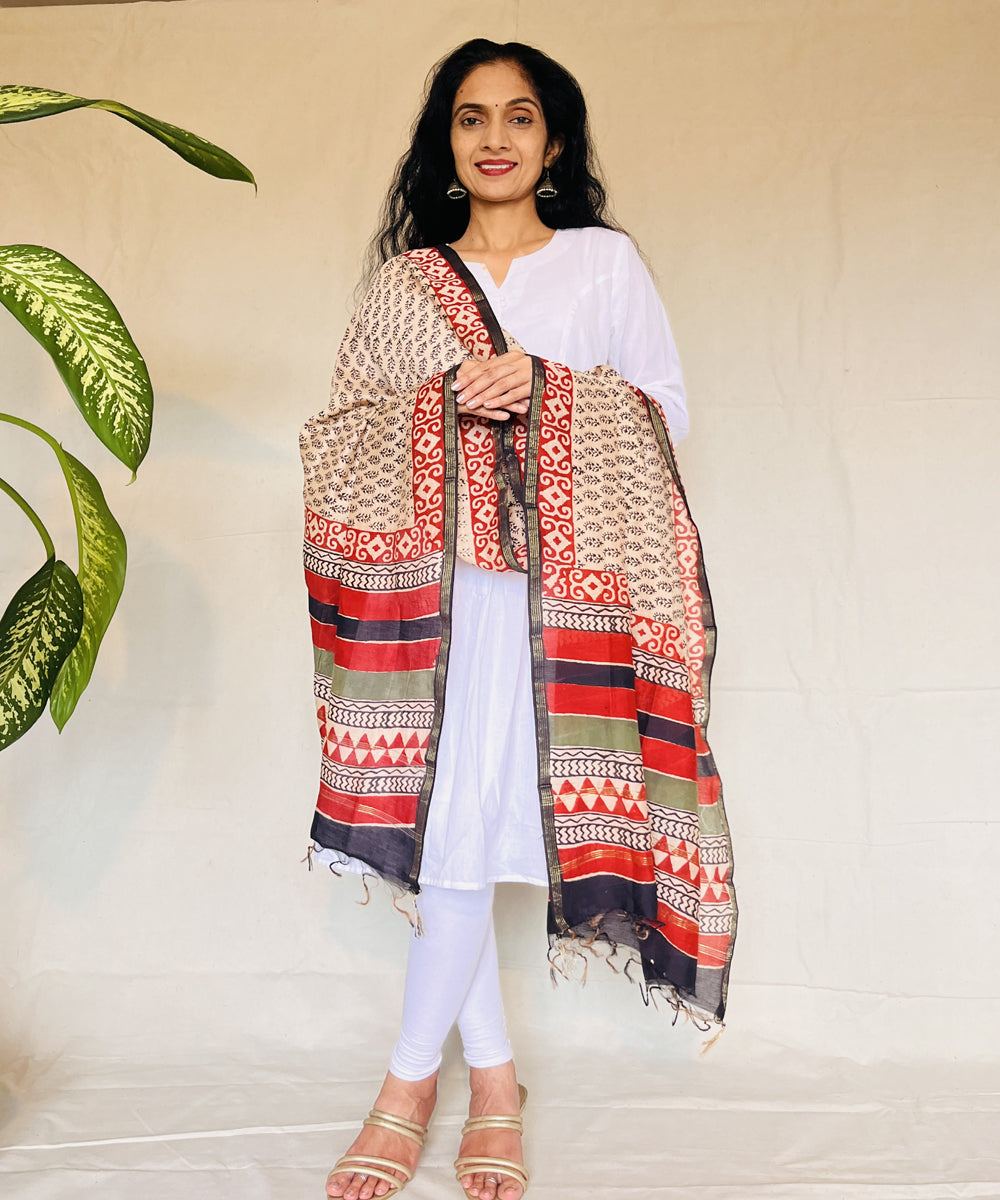 Maroon hand block printed chanderi silk dupatta