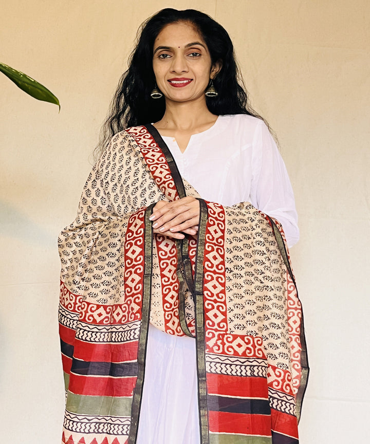 Maroon hand block printed chanderi silk dupatta