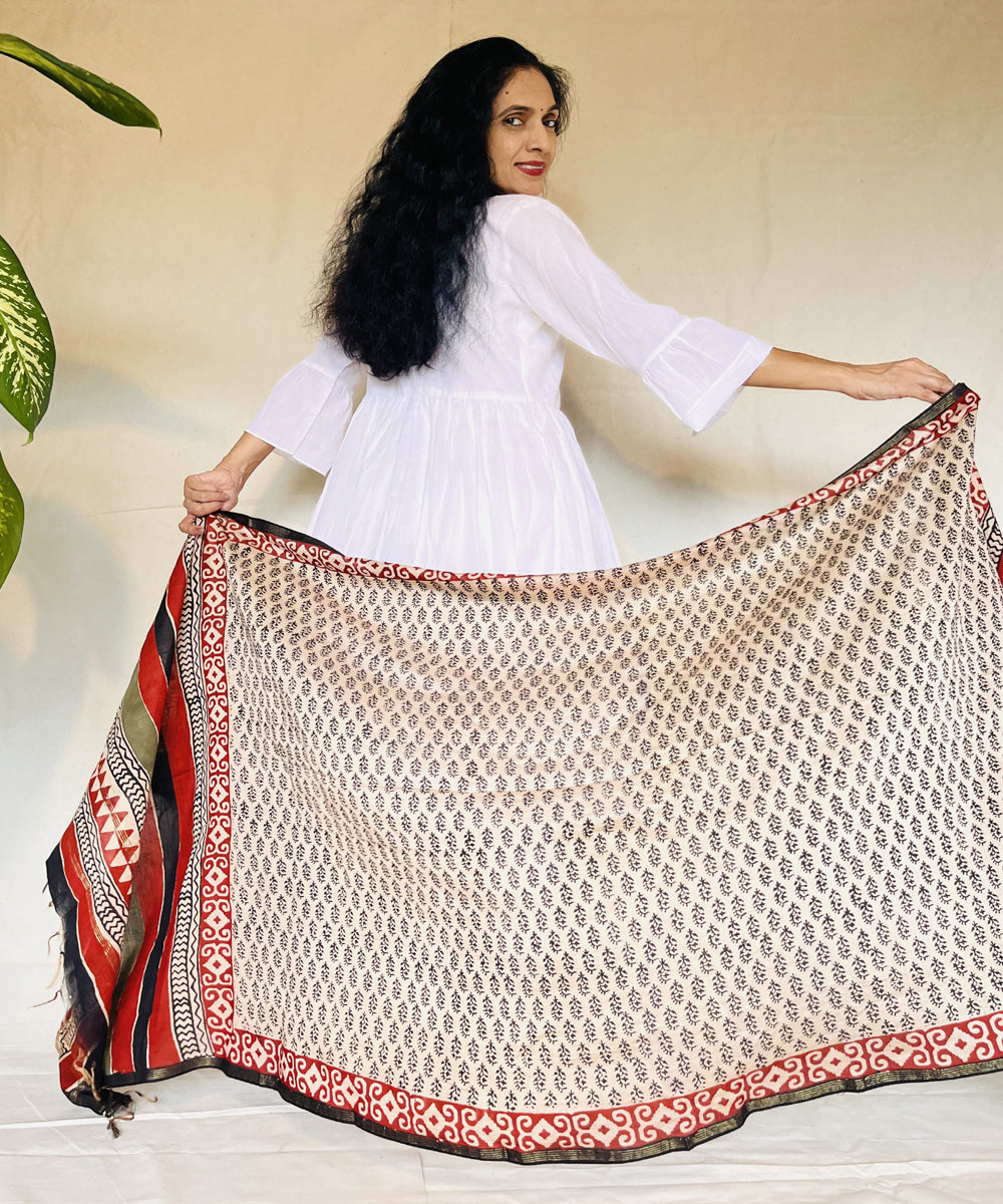 Maroon hand block printed chanderi silk dupatta