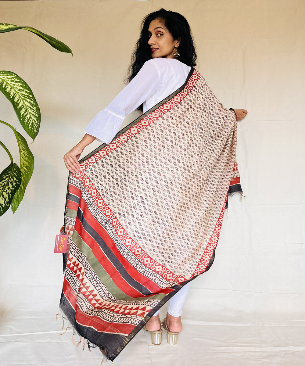 Maroon hand block printed chanderi silk dupatta