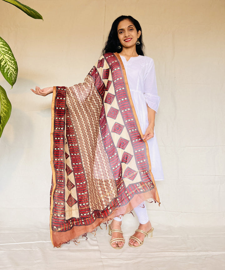 Multicolor hand block printed chanderi silk dupatta