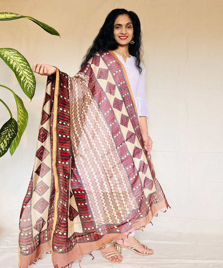 Multicolor hand block printed chanderi silk dupatta