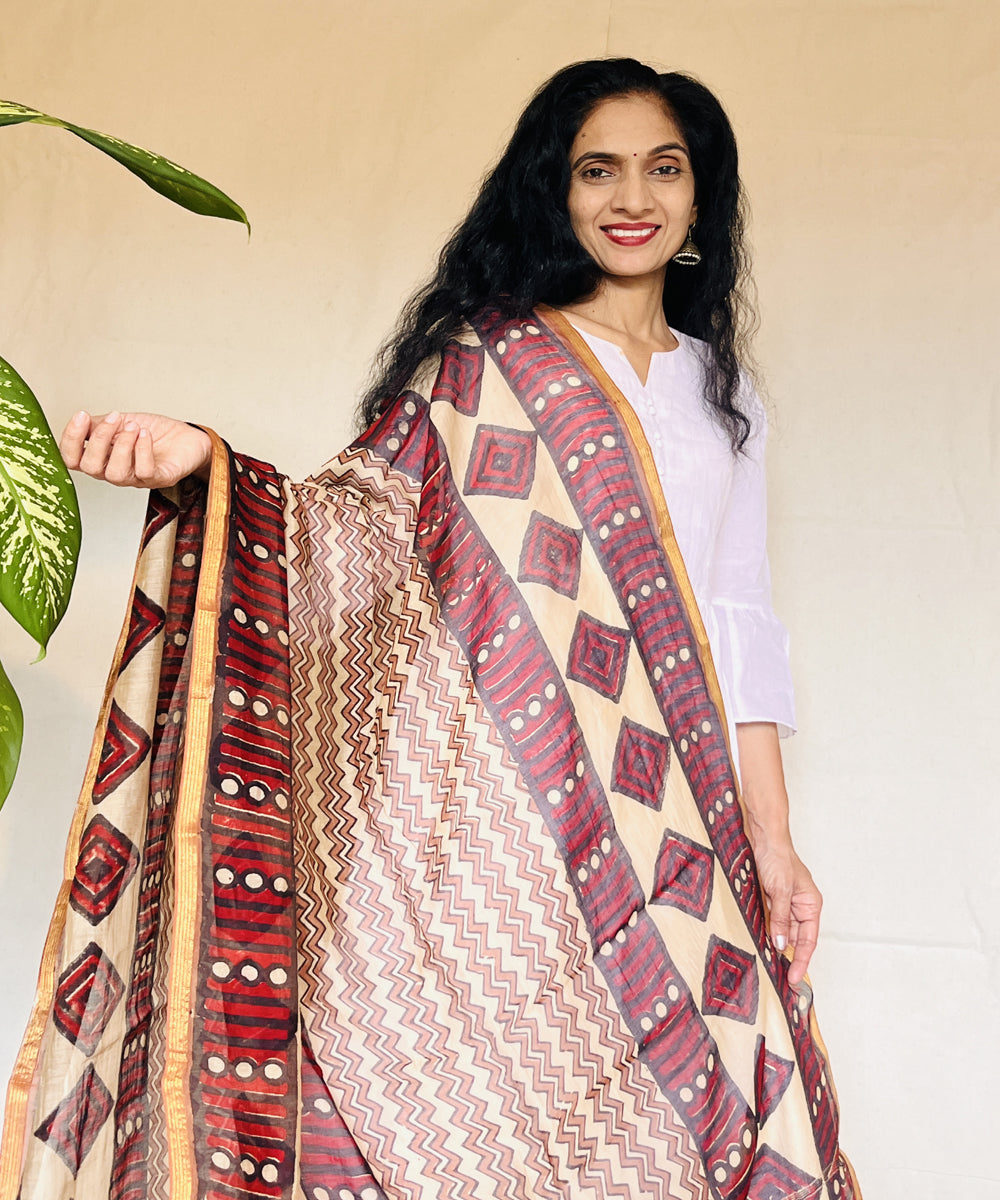 Multicolor hand block printed chanderi silk dupatta