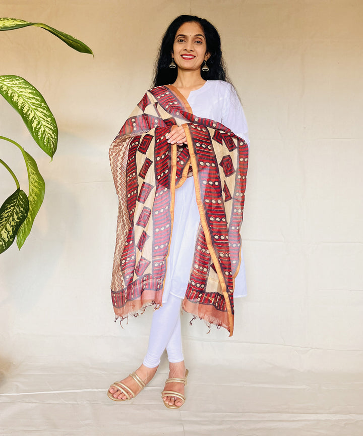 Multicolor hand block printed chanderi silk dupatta