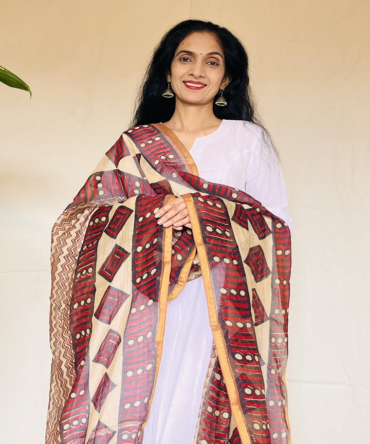 Multicolor hand block printed chanderi silk dupatta