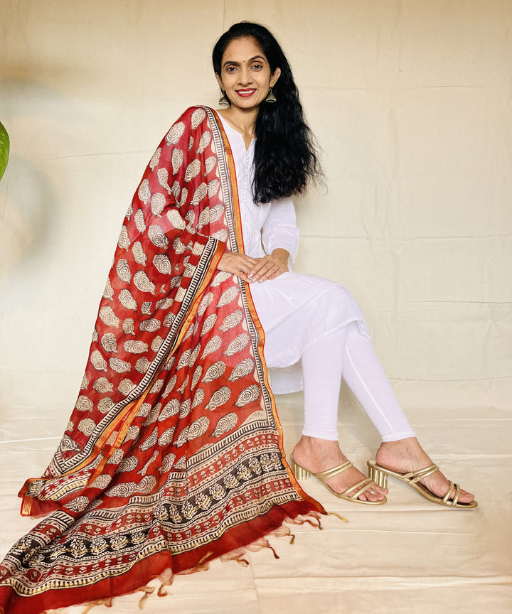 Red white hand block printed chanderi silk dupatta