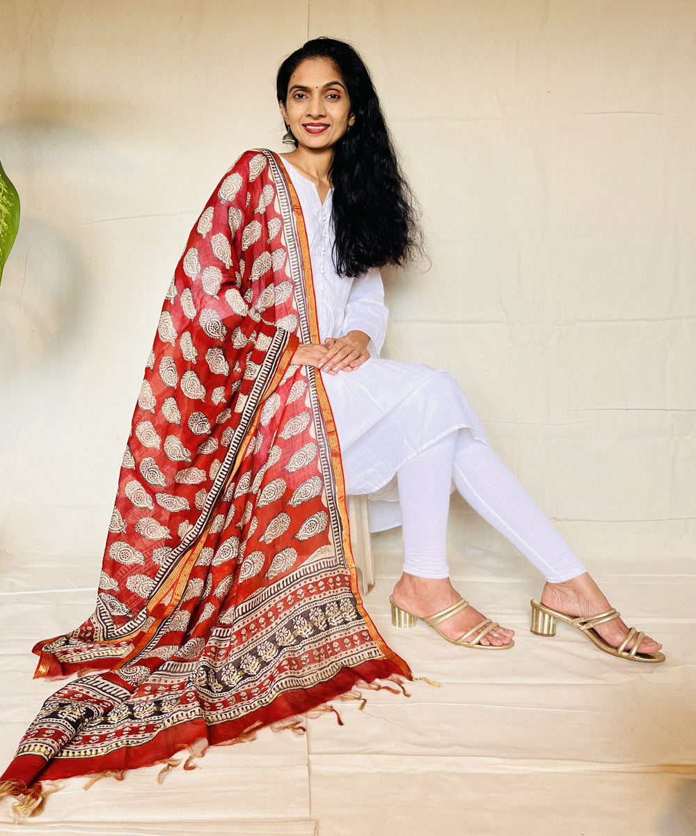 Red white hand block printed chanderi silk dupatta