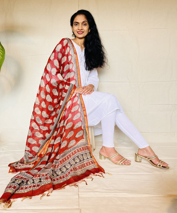 Red white hand block printed chanderi silk dupatta