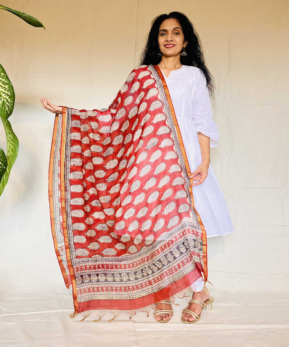 Red white hand block printed chanderi silk dupatta