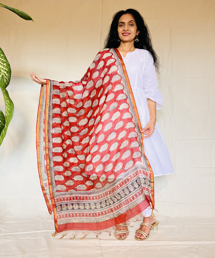 Red white hand block printed chanderi silk dupatta