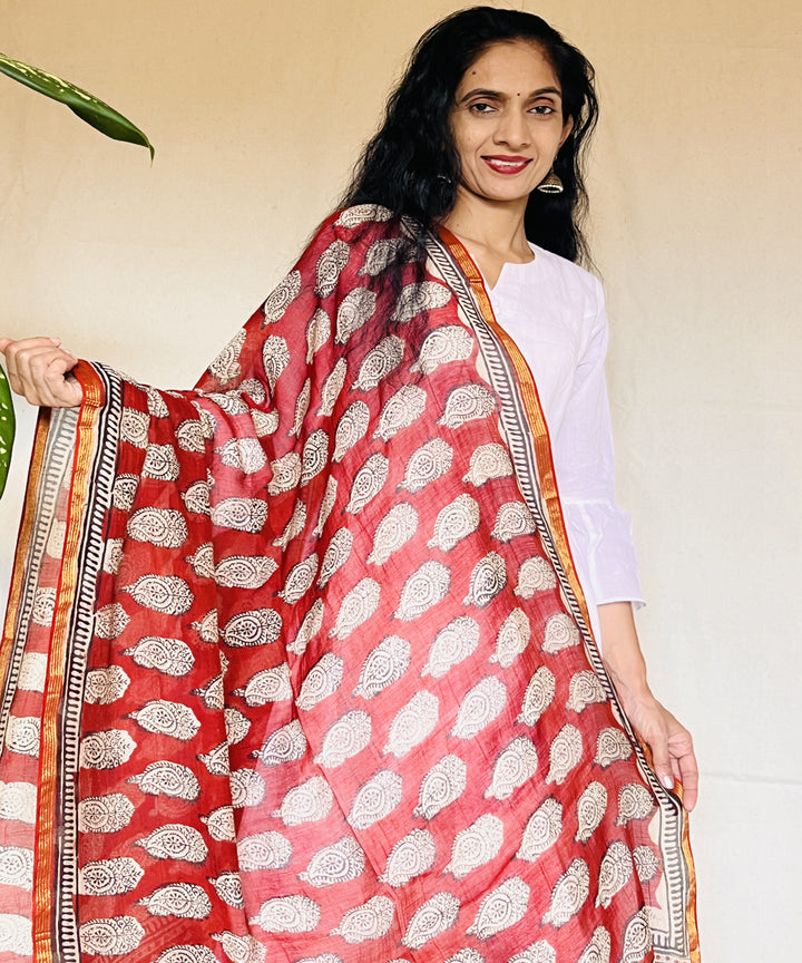 Red white hand block printed chanderi silk dupatta