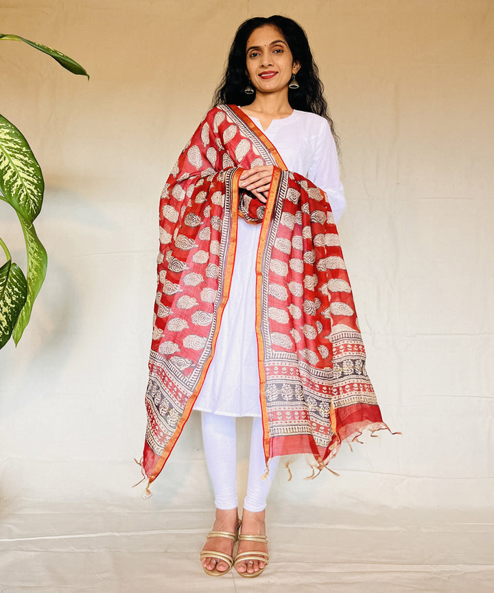 Red white hand block printed chanderi silk dupatta