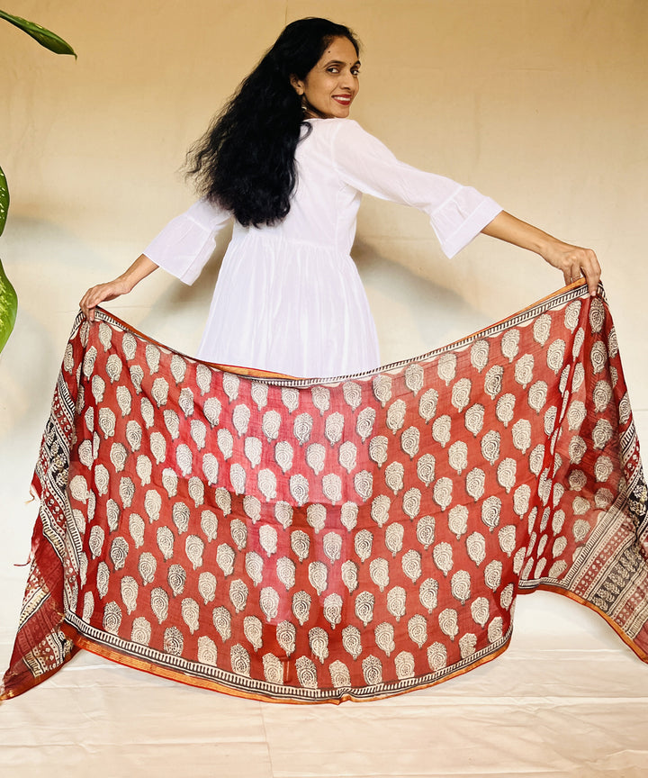 Red white hand block printed chanderi silk dupatta