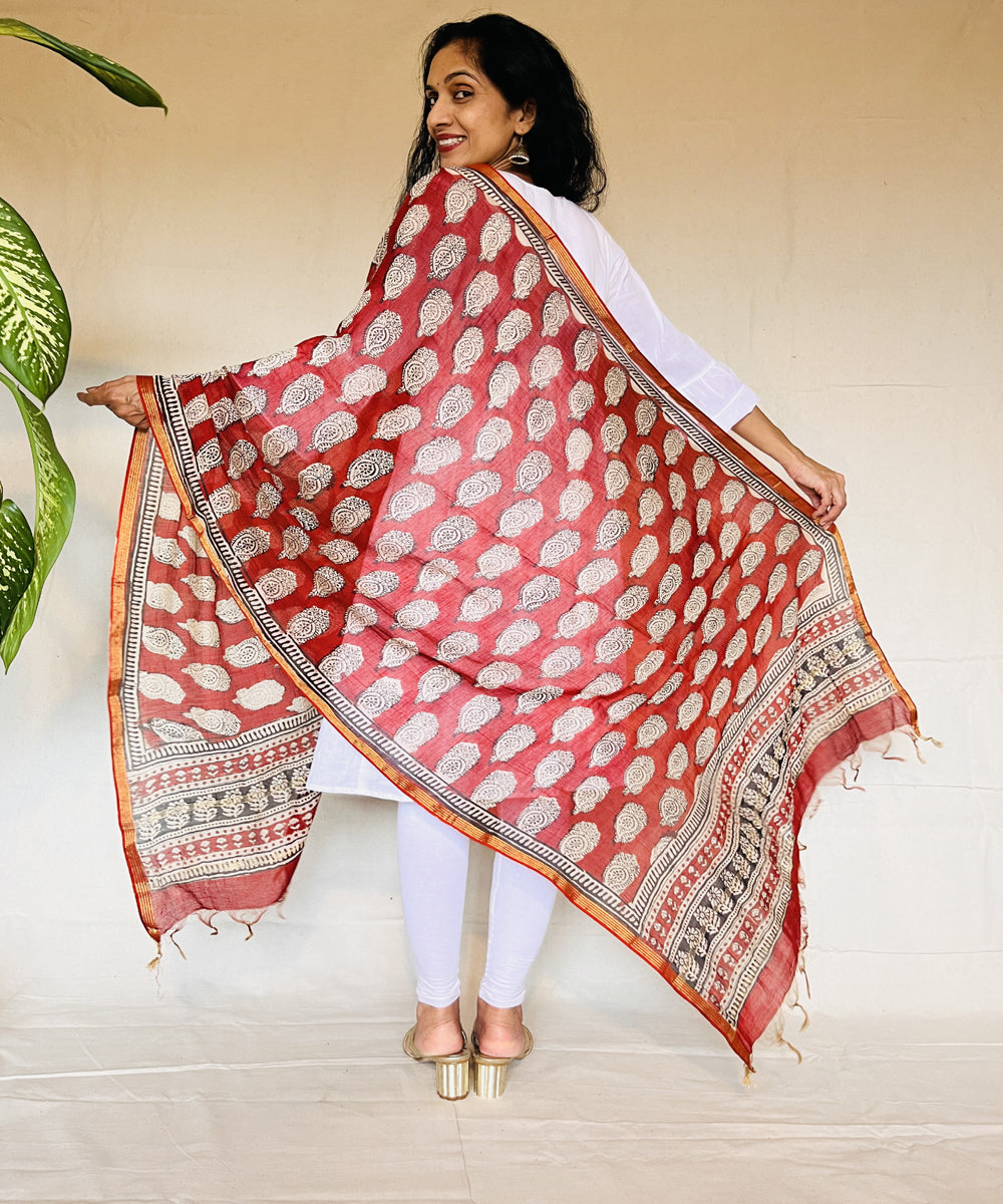 Red white hand block printed chanderi silk dupatta