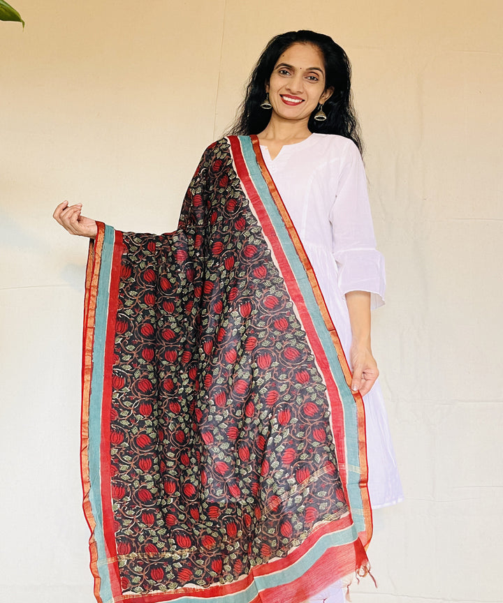 Green red floral hand block printed chanderi silk dupatta