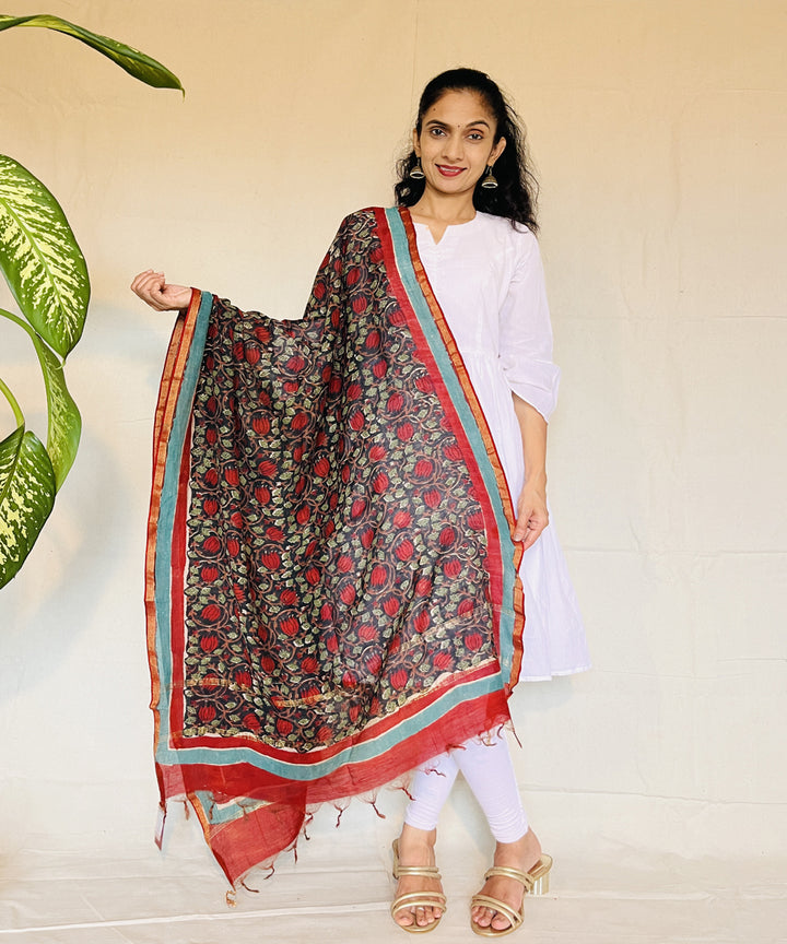 Green red floral hand block printed chanderi silk dupatta