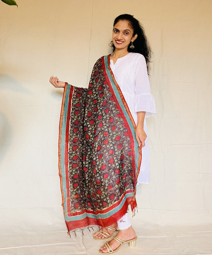 Green red floral hand block printed chanderi silk dupatta