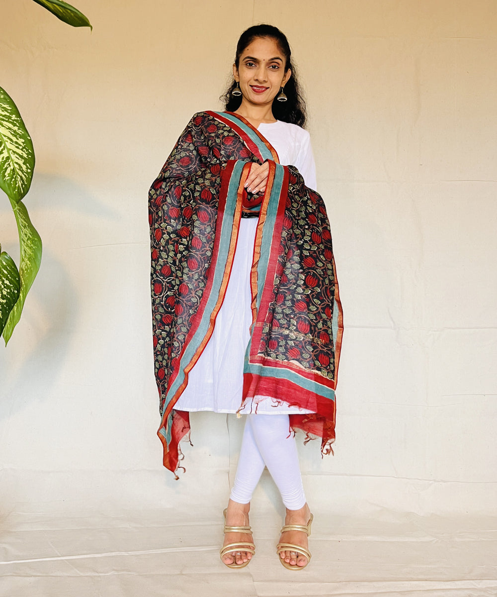 Green red floral hand block printed chanderi silk dupatta