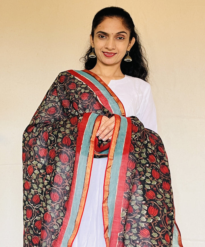 Green red floral hand block printed chanderi silk dupatta