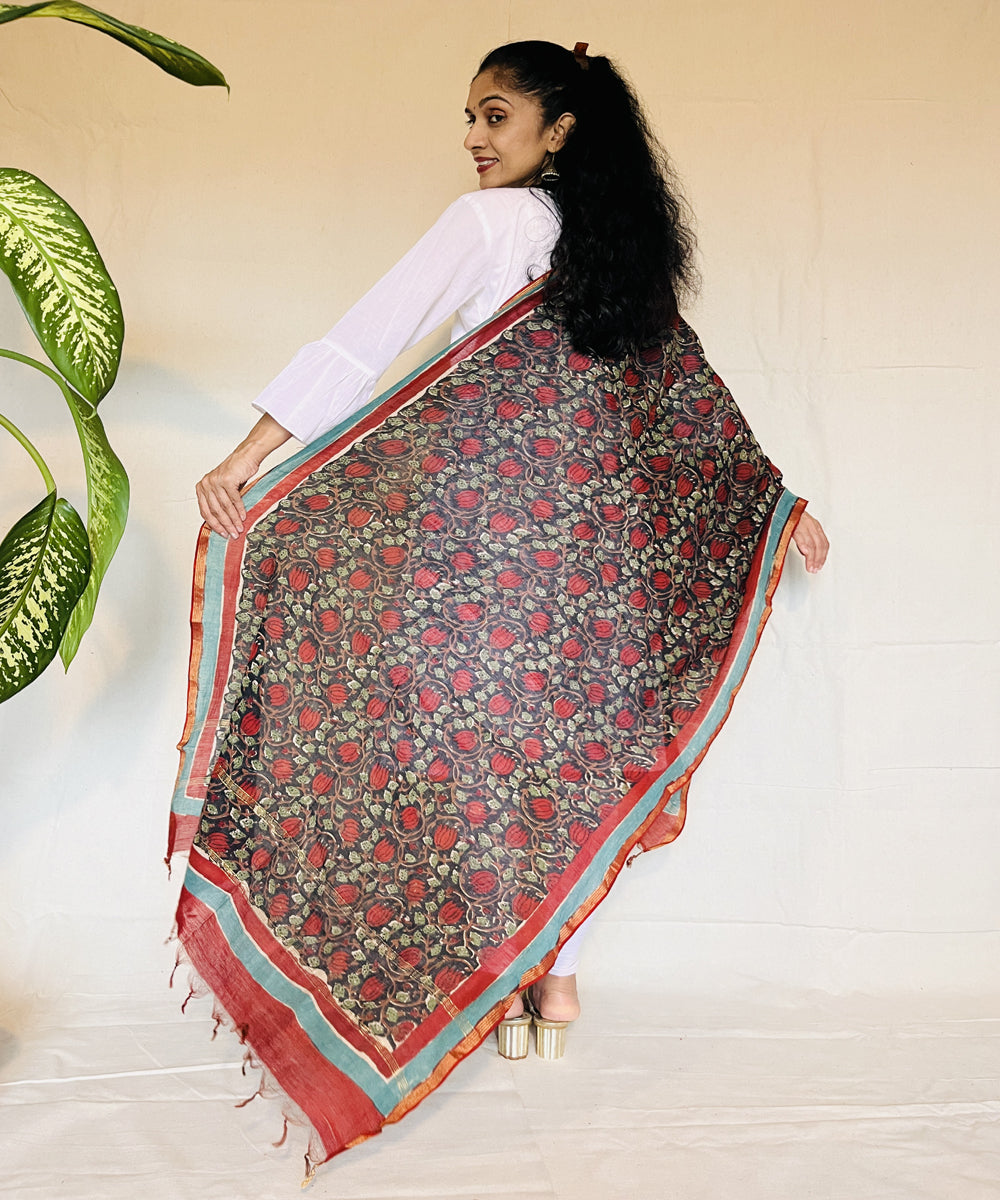 Green red floral hand block printed chanderi silk dupatta