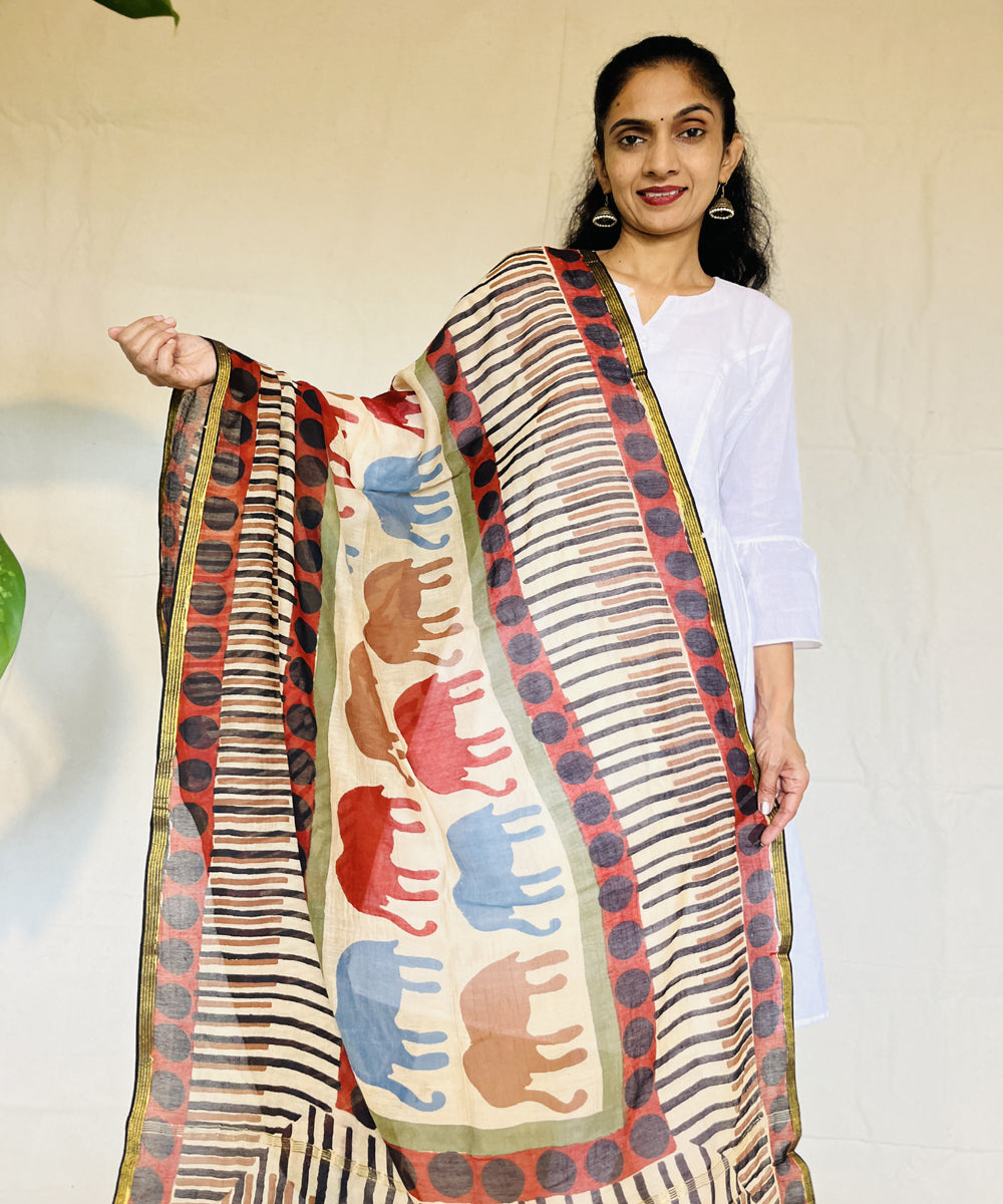Red hand block printed chanderi silk dupatta