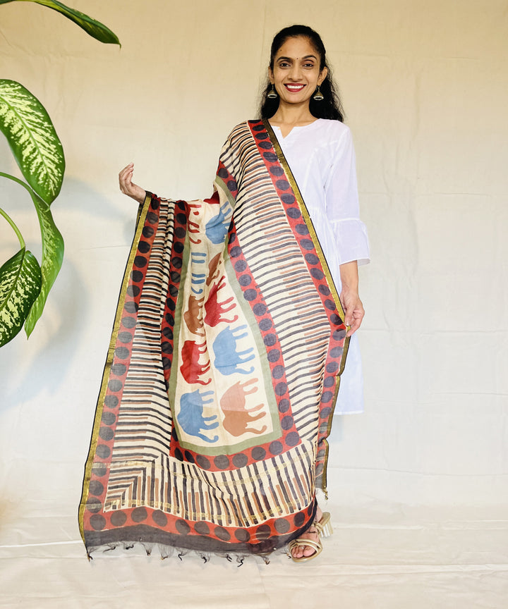 Red hand block printed chanderi silk dupatta