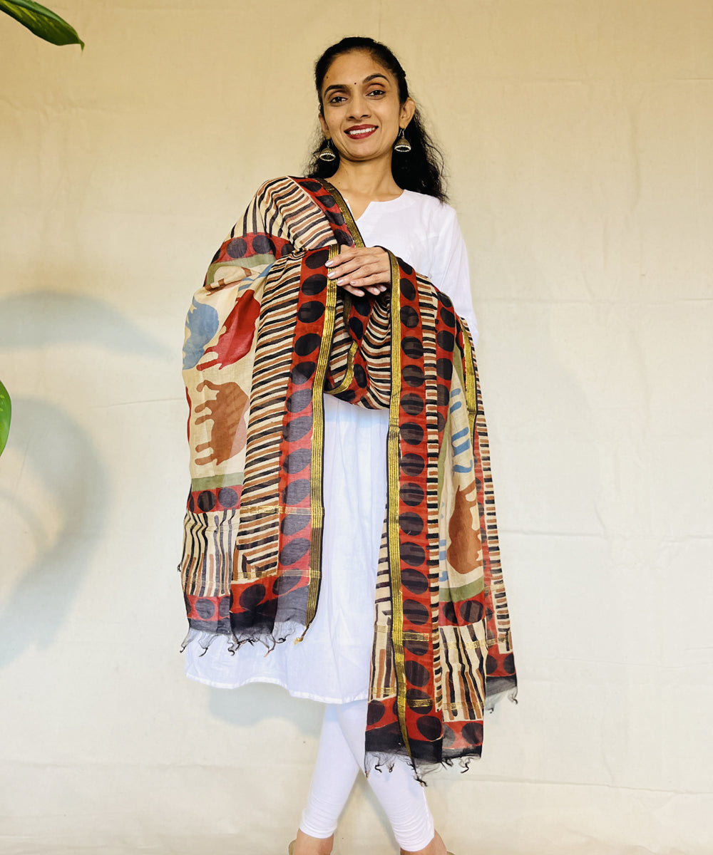 Red hand block printed chanderi silk dupatta