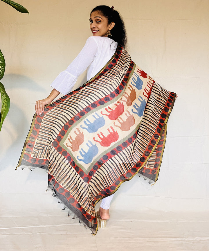 Red hand block printed chanderi silk dupatta