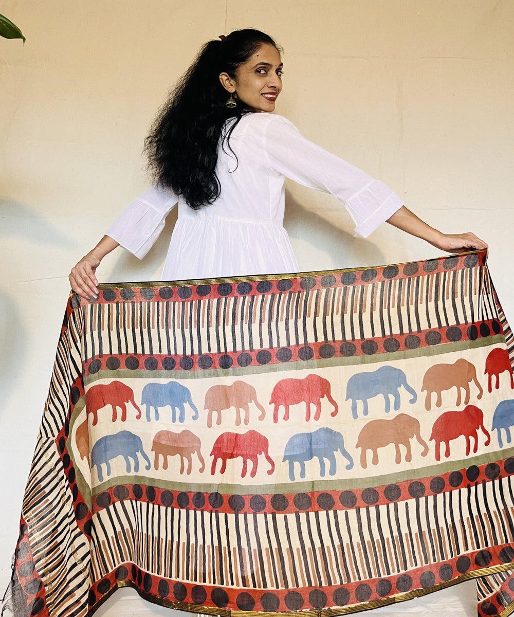 Red hand block printed chanderi silk dupatta